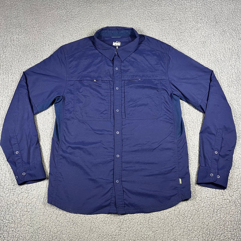 REI Co-op Button Down Shirt Mens M Hiking Vented Nylon Spandex Blue Gorpcore